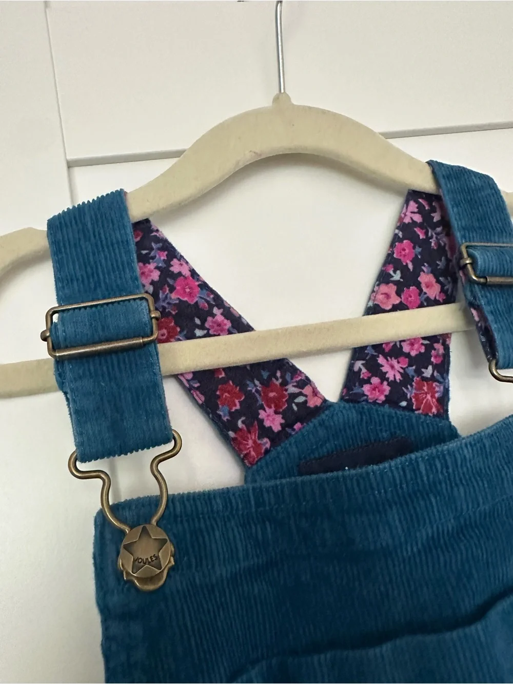 Joules Teal Corduroy Pinafore Dress with Floral Straps